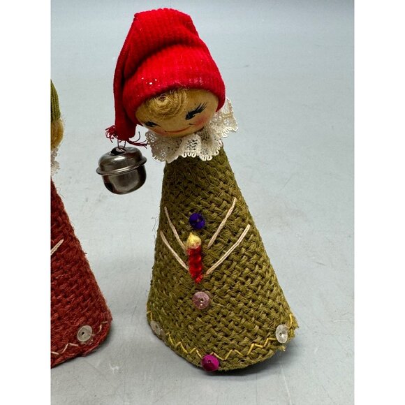 Vintage Handmade Cone-Shaped Christmas Elf Figurines Set Of 3 Red Green Hat READ - Picture 4 of 7